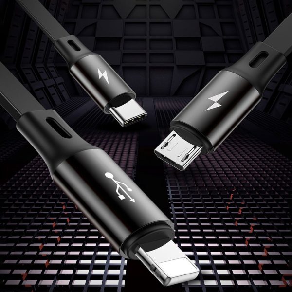 Izstrādāts kabelis 3in1 USB microUSB iPhone Lightning USB-C 3,5A 35cm 120cm melns