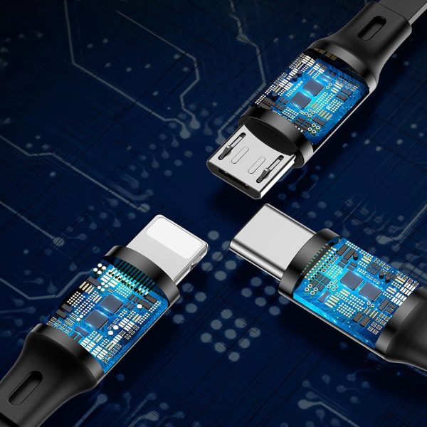 Izstrādāts kabelis 3in1 USB microUSB iPhone Lightning USB-C 3,5A 35cm 120cm melns