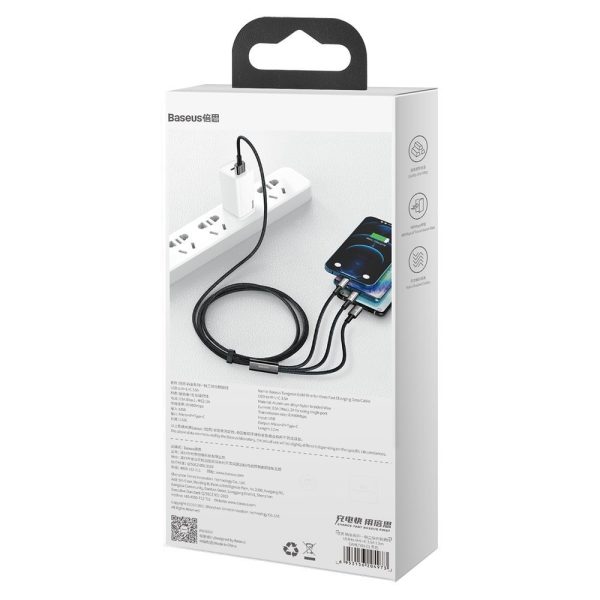 Kabelis 3in1 USB kabelis USB-C iPhone zibens microusb 3,5 un 1,5 m melns
