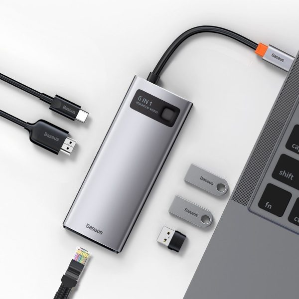 Daudzfunkcionāls 6in1 USB USB-C PD HDMI 3X USB 3.2 RJ45 pelēks