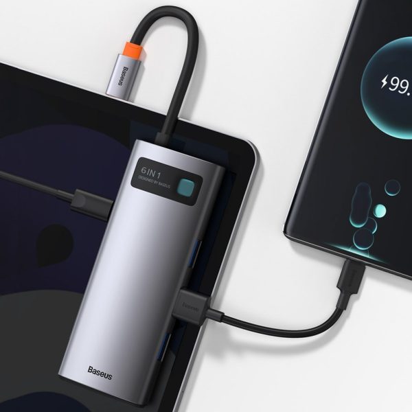 Daudzfunkcionāls 6in1 USB USB-C PD HDMI 3X USB 3.2 RJ45 pelēks