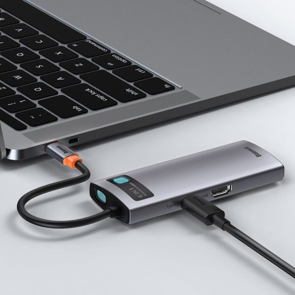 Daudzfunkcionāls 6in1 USB USB-C PD HDMI 3X USB 3.2 RJ45 pelēks
