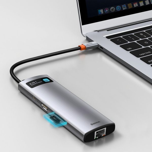 Daudzfunkcionāls 8W1 USB USB-C PD 100W HDMI SD karšu lasītājs un MicroSD 3X USB 3.2 RJ45 pelēks