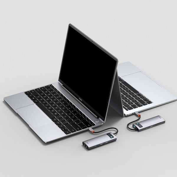 Daudzfunkcionāls 8W1 USB USB-C PD 100W HDMI SD karšu lasītājs un MicroSD 3X USB 3.2 RJ45 pelēks