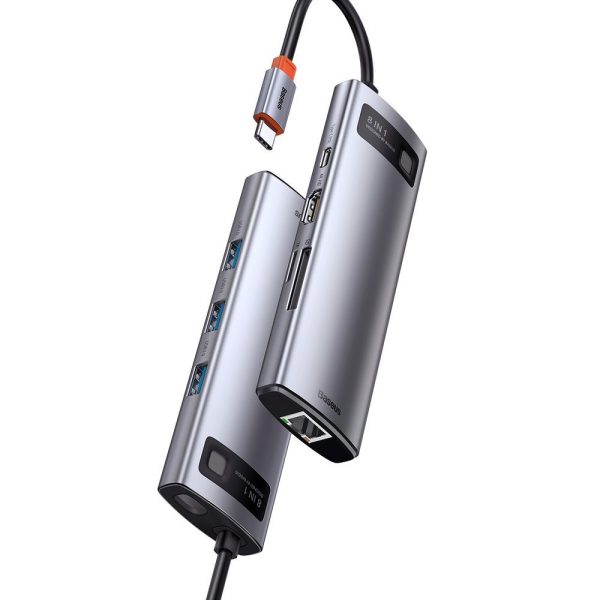 Daudzfunkcionāls 8W1 USB USB-C PD 100W HDMI SD karšu lasītājs un MicroSD 3X USB 3.2 RJ45 pelēks
