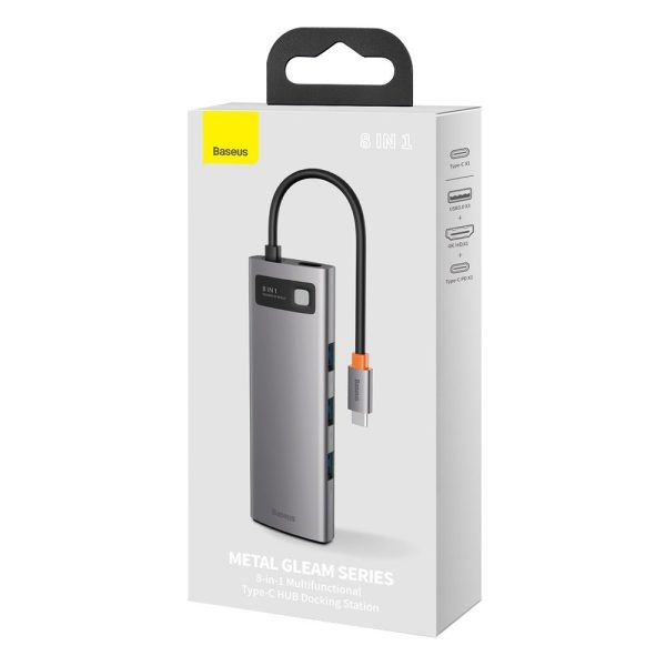 Daudzfunkcionāls 8W1 USB USB-C PD 100W HDMI SD karšu lasītājs un MicroSD 3X USB 3.2 RJ45 pelēks