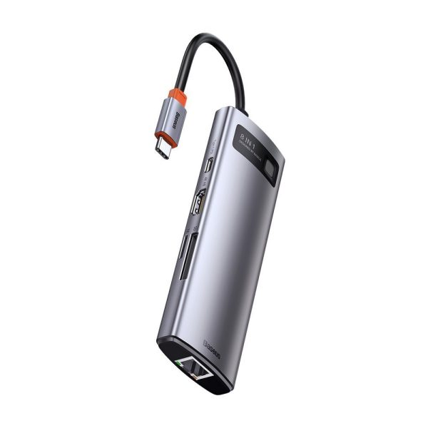 Daudzfunkcionāls 8W1 USB USB-C PD 100W HDMI SD karšu lasītājs un MicroSD 3X USB 3.2 RJ45 pelēks