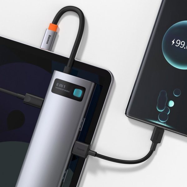 Daudzfunkcionāls 8W1 USB USB-C PD 100W HDMI SD karšu lasītājs un MicroSD 3X USB 3.2 RJ45 pelēks
