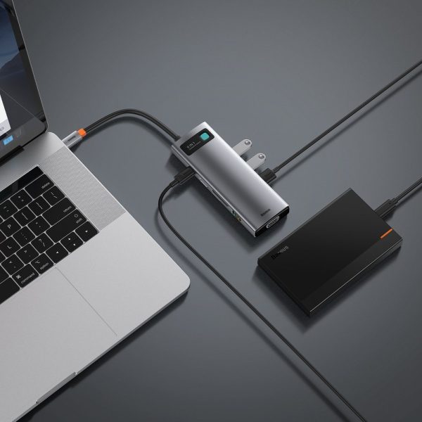 Daudzfunkcionālais centrs 9W1 USB-C 3XUSB 3.2 PD VGA Full HD HDMI 4K TF un SD RJ45 karšu lasītājs pelēks