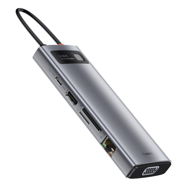 Daudzfunkcionālais centrs 9W1 USB-C 3XUSB 3.2 PD VGA Full HD HDMI 4K TF un SD RJ45 karšu lasītājs pelēks