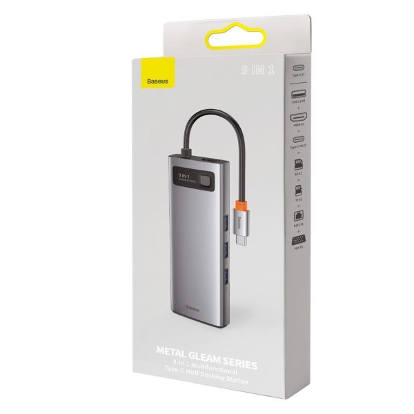 Daudzfunkcionālais centrs 9W1 USB-C 3XUSB 3.2 PD VGA Full HD HDMI 4K TF un SD RJ45 karšu lasītājs pelēks