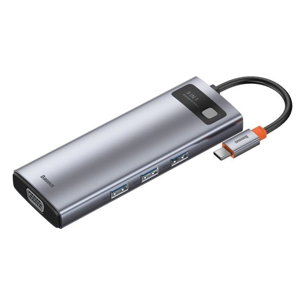 Daudzfunkcionālais centrs 9W1 USB-C 3XUSB 3.2 PD VGA Full HD HDMI 4K TF un SD RJ45 karšu lasītājs pelēks