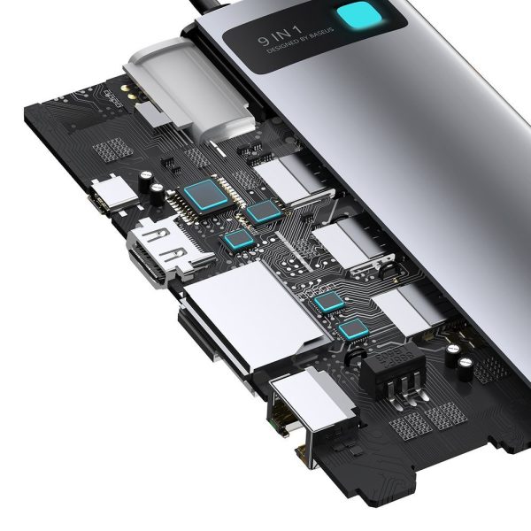 Daudzfunkcionālais centrs 9W1 USB-C 3XUSB 3.2 PD VGA Full HD HDMI 4K TF un SD RJ45 karšu lasītājs pelēks