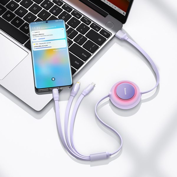 Crooked Cable 3in1 USB microUSB + iPhone zibens + USB-C 66W 1,1m purpursarkanais