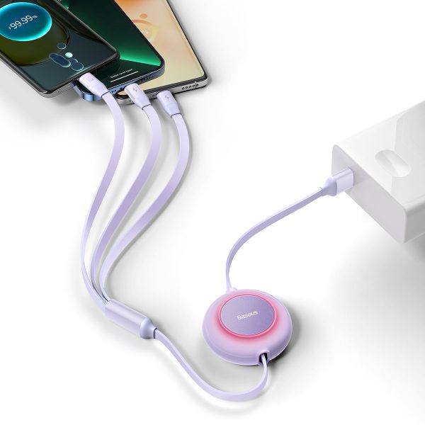 Crooked Cable 3in1 USB microUSB + iPhone zibens + USB-C 66W 1,1m purpursarkanais