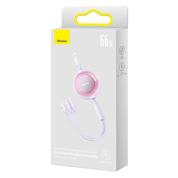 Crooked Cable 3in1 USB microUSB + iPhone zibens + USB-C 66W 1,1m purpursarkanais