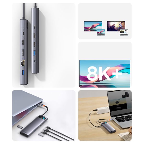 Daudzfunkcionālais centrs 12in1 USB-C HDMI DP USB-C minijack 3,5mm RJ45 SD