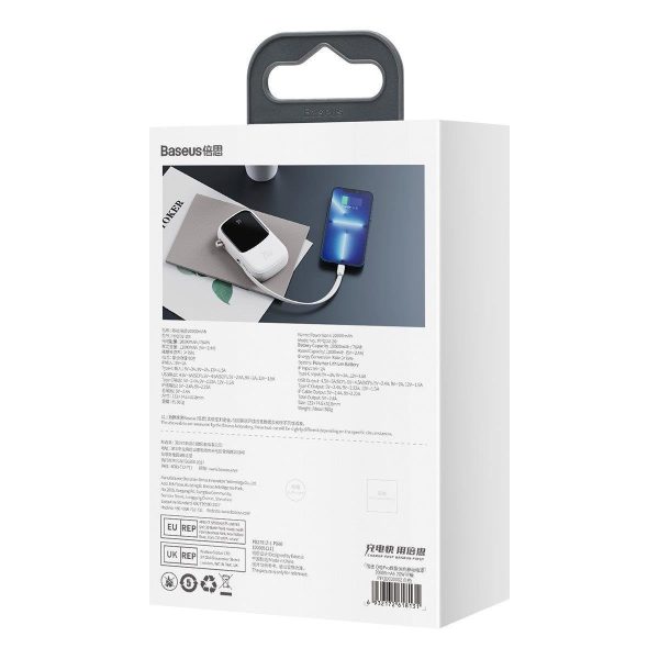 PowerBank ar ātru uzlādi 20 000 mAh 20W QC-PD-SCP-FCP kabeļa iPhone Lightning White White