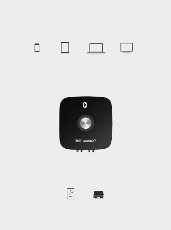 1018885-10-odbiornik-adapter-audio-bluetooth-51-ap-ugreen-hurtownia-sklep Adaptera uztvērēja Bluetooth 5.1 APTX 2RCA uz 3,5 mm mini domkrata - melna