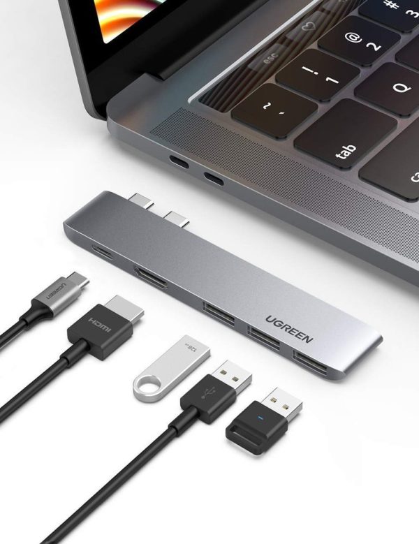 Daudzfunkcionālu rumbas ports MacBook Pro / AIR 2X USB-C uz USB-C HDMI 3X USB 3.0-GRAY