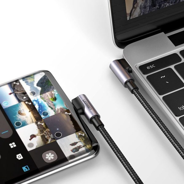 Kabeļa leņķa kabelis ar USB-C sānu spraudni uz USB-C ātrās uzlādes 1M pelēko