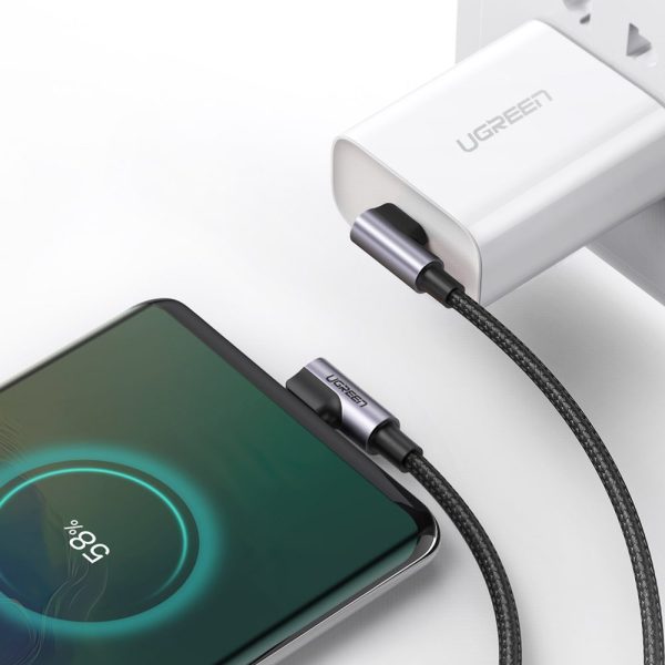 Kabeļa leņķa kabelis ar USB-C sānu spraudni uz USB-C ātrās uzlādes 1M pelēko
