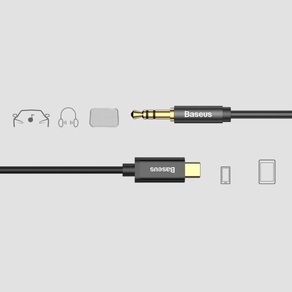 Stereo audio kabelis Aux 3,5 mm mini ligzda - USB -C 120cm - melns