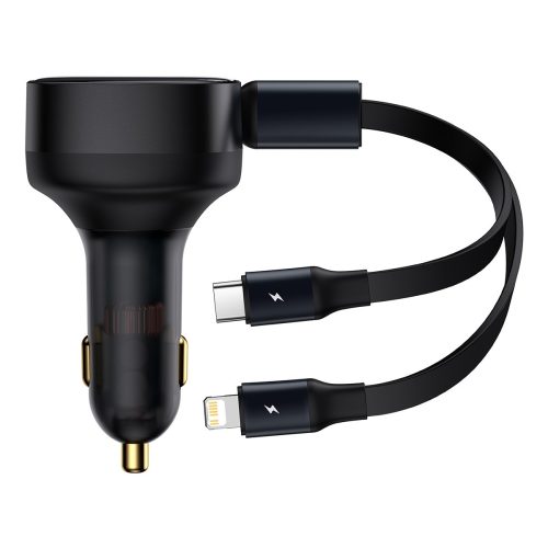 2in1 USB -C -C + iPhone Lightning automašīnas lādētājs 75cm 30W kabelis -melns