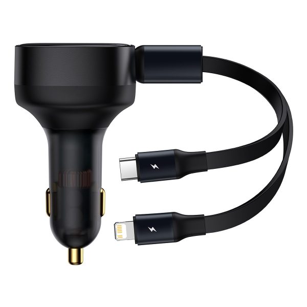 2in1 USB -C -C + iPhone Lightning automašīnas lādētājs 75cm 30W kabelis -melns