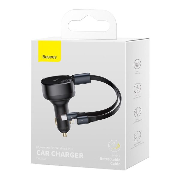 2in1 USB -C -C + iPhone Lightning automašīnas lādētājs 75cm 30W kabelis -melns