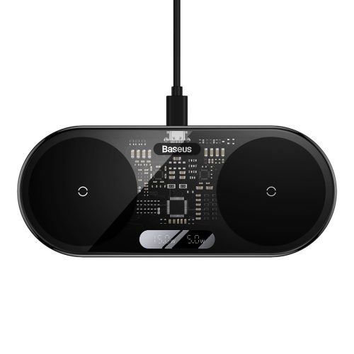 Divkāršs Qi bezvadu lādētājs ar USB -C 20W displeju - melns