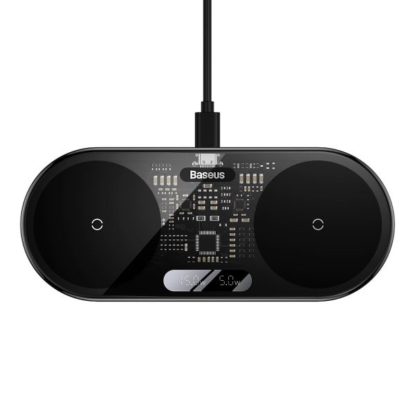 Divkāršs Qi bezvadu lādētājs ar USB -C 20W displeju - melns