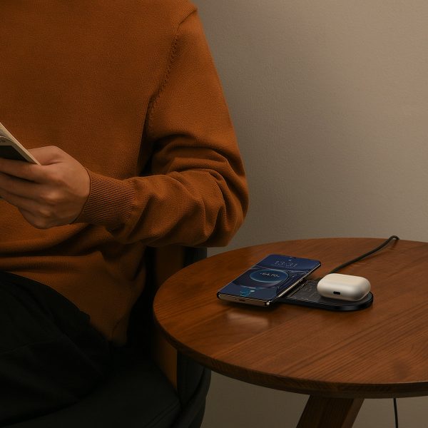 Divkāršs Qi bezvadu lādētājs ar USB -C 20W displeju - melns