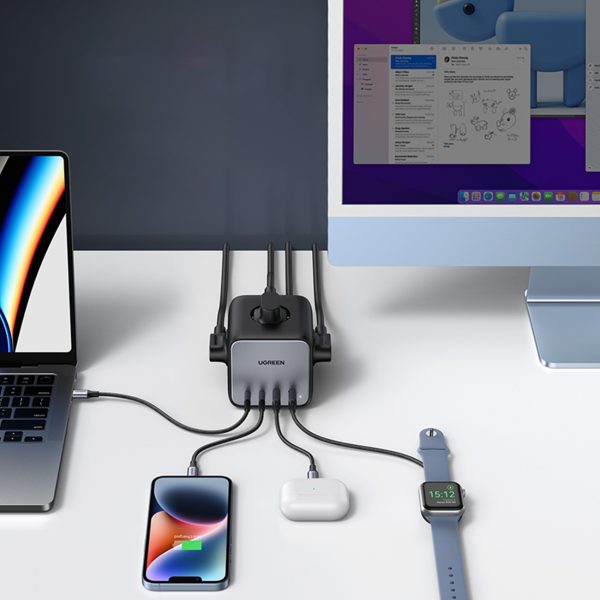 AC 240V GAN 2X USB-C 2X USB-A 3X AC 240V lādētāja lādētājs-melns
