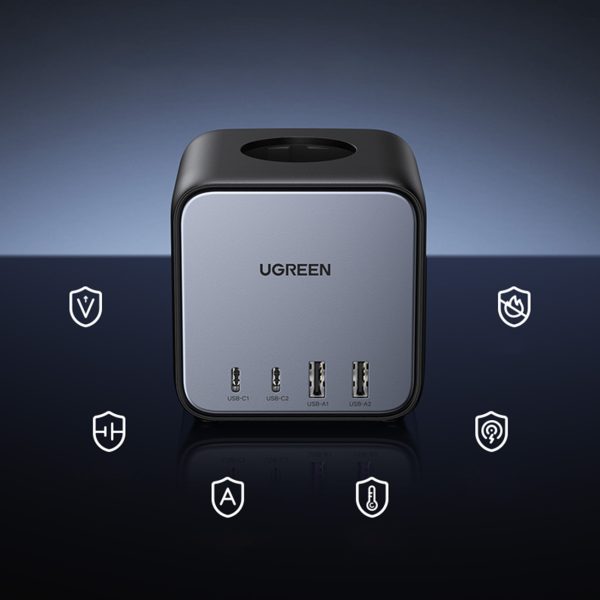 AC 240V GAN 2X USB-C 2X USB-A 3X AC 240V lādētāja lādētājs-melns