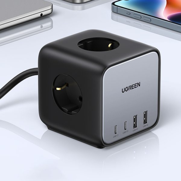 AC 240V GAN 2X USB-C 2X USB-A 3X AC 240V lādētāja lādētājs-melns