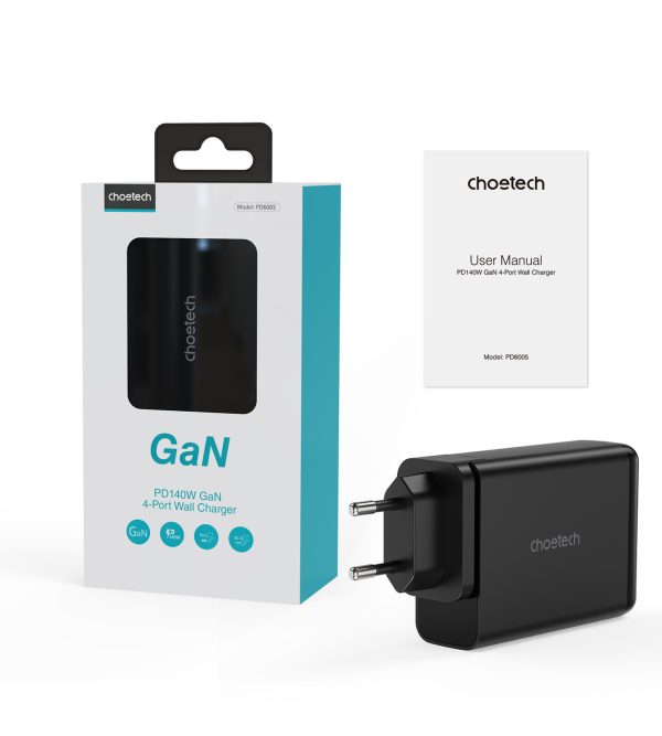 Barošanas avota lādētājs Gan 140W 4 porti 2x USB -C + 2X USB - melns