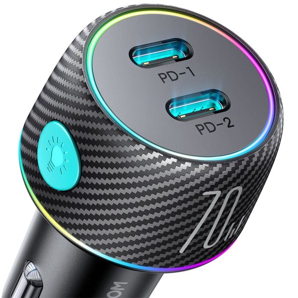 Divkāršās automašīnas lādētājs 2x USB-C 70W ar LED fona apgaismojumu JR-CCN02-Black