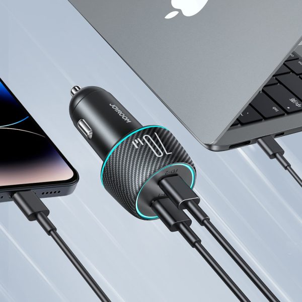 Divkāršās automašīnas lādētājs 2x USB-C 70W ar LED fona apgaismojumu JR-CCN02-Black