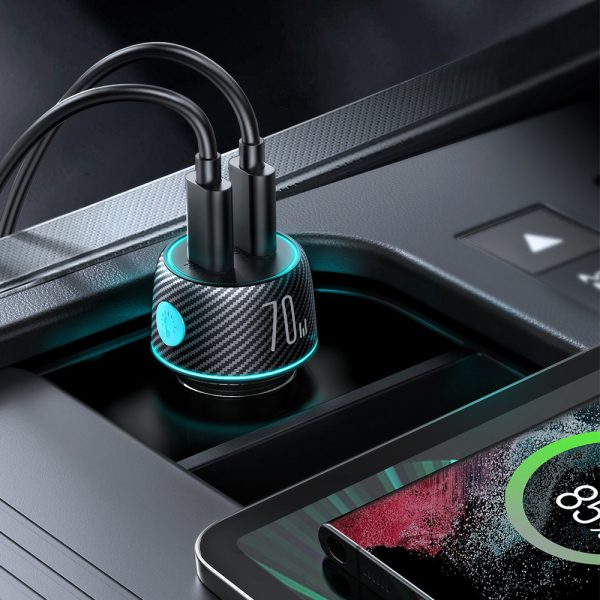Divkāršās automašīnas lādētājs 2x USB-C 70W ar LED fona apgaismojumu JR-CCN02-Black