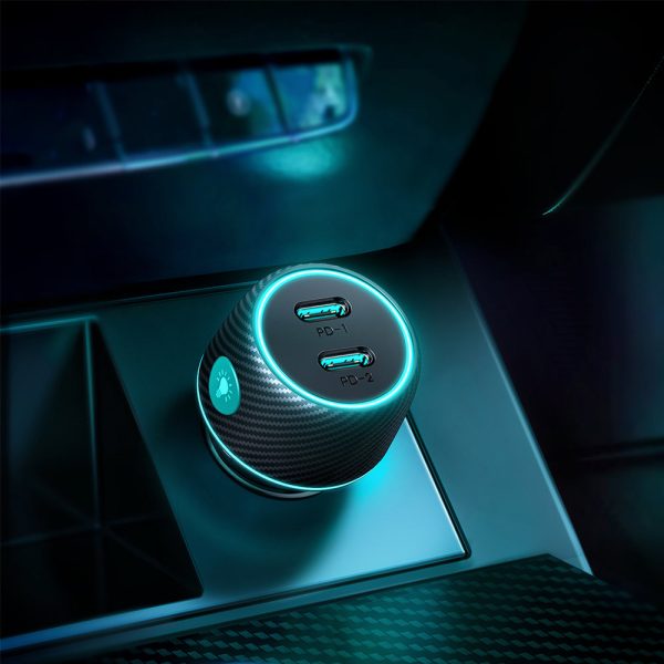 Divkāršās automašīnas lādētājs 2x USB-C 70W ar LED fona apgaismojumu JR-CCN02-Black
