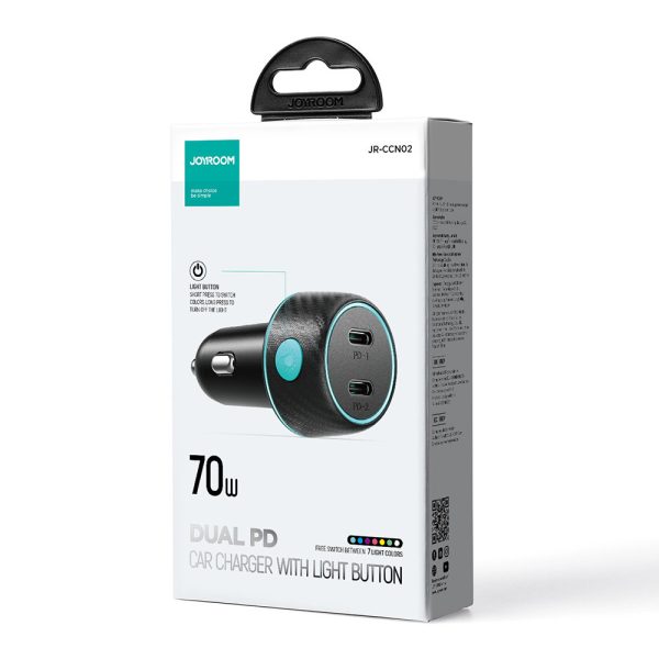 Divkāršās automašīnas lādētājs 2x USB-C 70W ar LED fona apgaismojumu JR-CCN02-Black