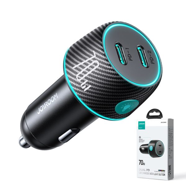 Divkāršās automašīnas lādētājs 2x USB-C 70W ar LED fona apgaismojumu JR-CCN02-Black