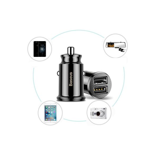 Mini automašīnas lādētājs 2x USB graudu cregeriem melnā krāsā