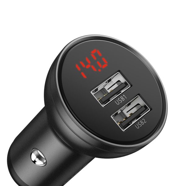 2x USB 4,8A 24W automašīnas lādētājs ar LCD displeju + 3in1 1,2m melns kabelis