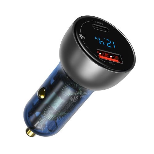 USB + USB-C 65W automašīnas lādētājs Quick Charge LCD caurspīdīgs LCD ekrāns
