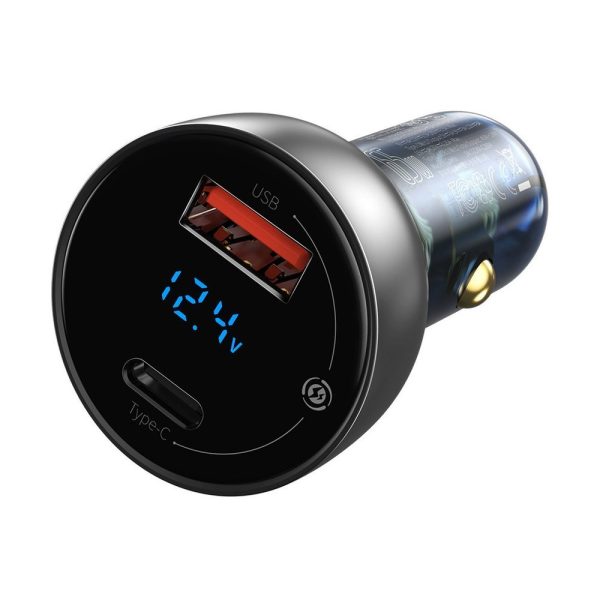 USB + USB-C 65W automašīnas lādētājs Quick Charge LCD caurspīdīgs LCD ekrāns