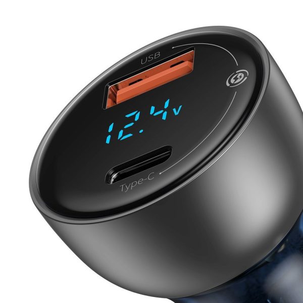 USB + USB-C 65W automašīnas lādētājs Quick Charge LCD caurspīdīgs LCD ekrāns