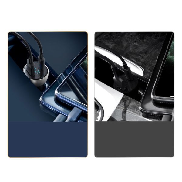 1019255-10-ladowarka-samochodowa-usb-usb-c-65w-qu-baseus-hurtownia-sklep USB + USB-C 65W automašīnas lādētājs Quick Charge LCD ekrāns pelēks ekrāns