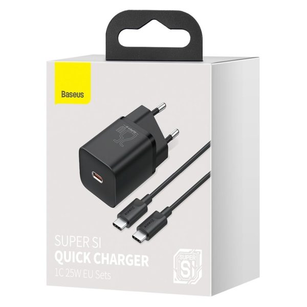 Ātra tīkla lādētājs SI QC PD 25W 3A + USB-C 1M kabelis melns